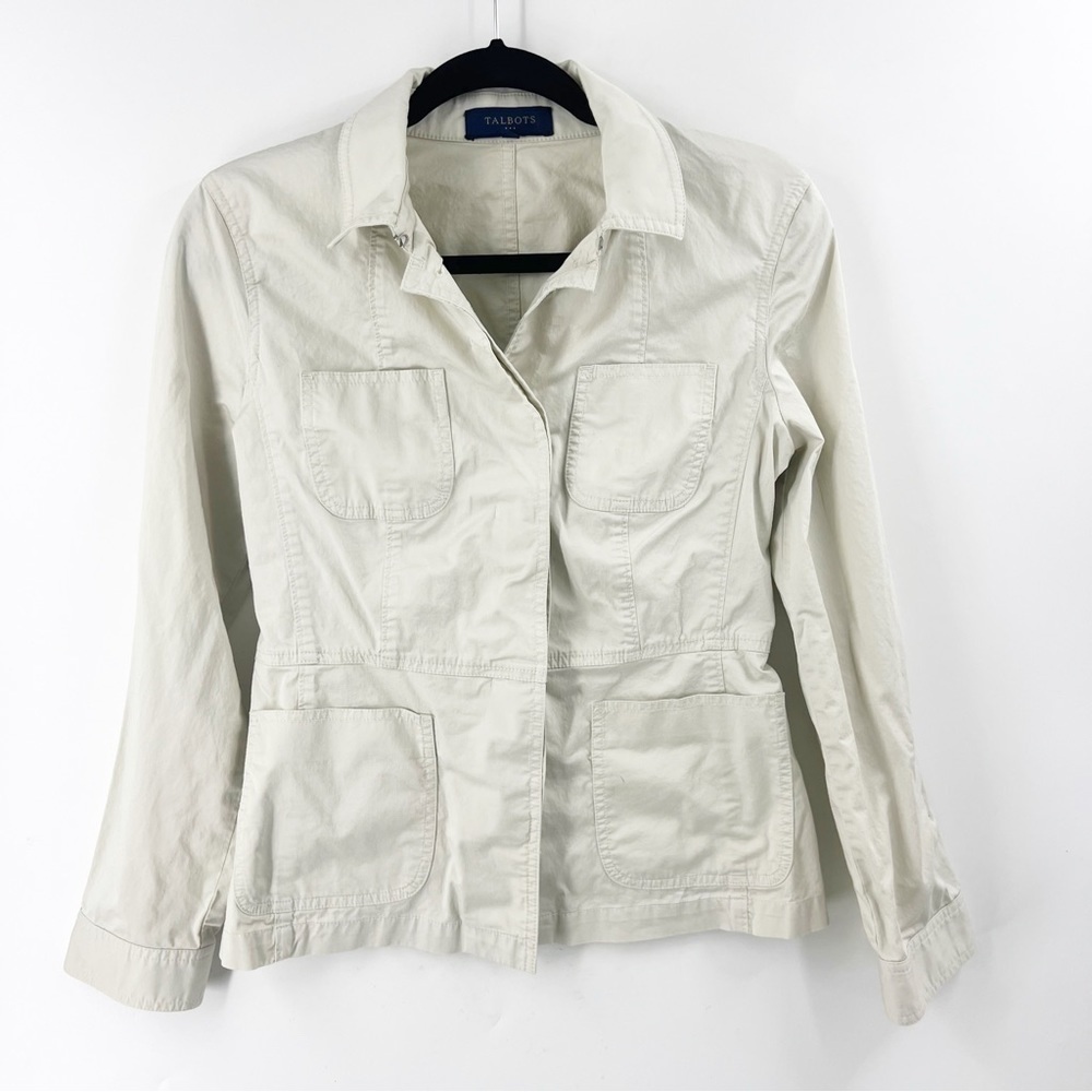 ✅ TALBOTS NEUTRAL COTTON JACKET POCKETS BUTTON FRONT SIZE 4 CAPSULE WARDROBE